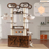 The Habori cat climbing frame with cat litter box storage box, a 76.8-inch wooden Menicos cat tower, equipped with a feeding station and a large platform, modern-style large cat apartment furniture, with a climbing column made of full Nisaal material image 4
