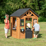Children's playhouse cabin, equipped with a game kitchen, snack bar, half-door, toy phone, windows, flower pot stand and an operable doorbell, suitable for creative outdoor games. image 3