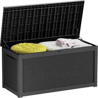 260-gallon large outdoor storage XL outdoor box, suitable for garden furniture, outdoor cushions, garden tools, sports equipment and pool supplies. Made of waterproof resin material, lockable, in gray color scheme.