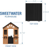 Children's playhouse cabin, equipped with a game kitchen, snack bar, half-door, toy phone, windows, flower pot stand and an operable doorbell, suitable for creative outdoor games. image 4