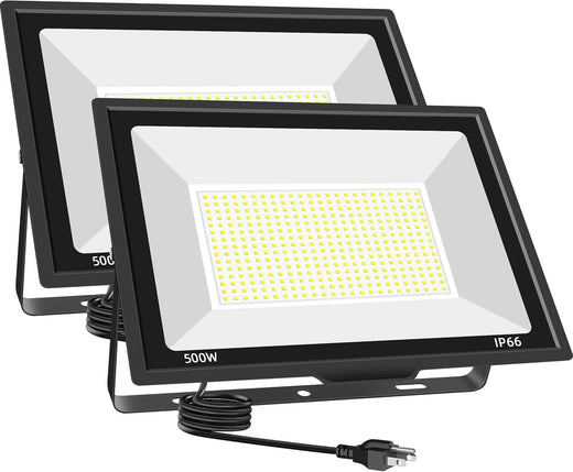 500W LED Flood Light Outdoor 2 Pack, 2000W Equivalent FloodLight with Plug, Super Bright 55000LM 5000K Daylight White IP66 Waterproof Commercial Lighting for Sports Fields,Courts,Arena,Stadium