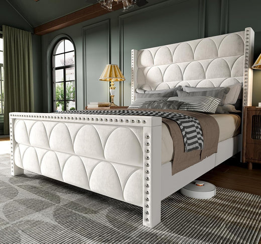 King Size Bed Frame with 56" Headboard - 1000LBS Capacity Support, Velvet Upholstered Wingback Platform Bed Frame, Noise Free, Sturdy Wooden Slat Support