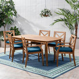 7-piece cherry wood dining set, teak surface / blue image 2