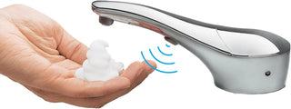 Automatic liquid soap dispenser, with a top-mounted contactless soap nozzle, capacity 34 ounces (1.0 liters), can be placed on the countertop of a public restroom, installation diameter 1-3/8 inches, chrome surface treatment.