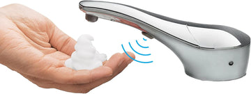Automatic liquid soap dispenser, with a top-mounted contactless soap nozzle, capacity 34 ounces (1.0 liters), can be placed on the countertop of a public restroom, installation diameter 1-3/8 inches, chrome surface treatment.