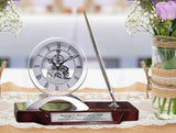 Desk clock, pen set, personalized, unique, silver clock, clear transparent case, gears, da Vinci, timepiece display, metal pen set, wooden desk stand, desk accessories, office, modern home, engraving image 2