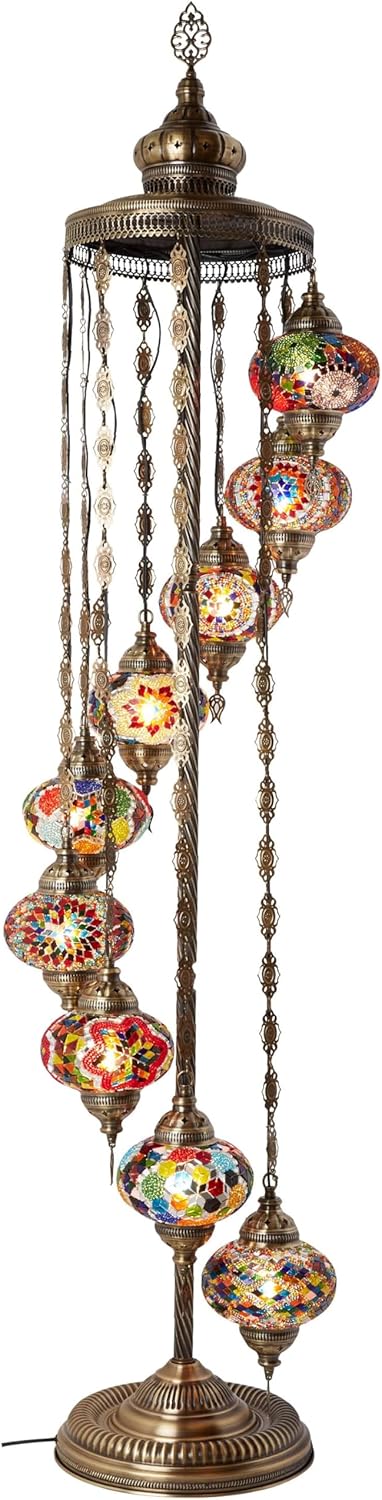 Turkish Moroccan mosaic floor lamp, with 9 lampshades and 6 feet in height - a Tafini-style standing decorative Bohemian-style lamp, equipped with colored lampshades, suitable for bedrooms, living rooms, and entrances - handmade in Turkey, available