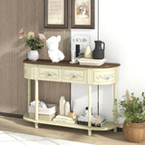 Retro game console table with drawer, 52-inch narrow sofa table with open shelves, table with storage function at the half-moon entrance, solid wood legs, entrance table for retro living room corridor, beige color scheme image 4