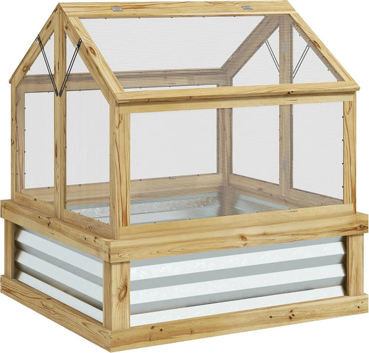 Raised Garden Bed with Polycarbonate Greenhouse, Wooden Cold Frame Greenhouse, Garden Flower Planter Protection, Peak Roof, 35.5" x 31.5" x 36", Natural