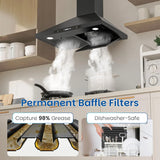 Wall-mounted black kitchen exhaust hood, 30 inches, 900 cubic feet per minute, built-in exhaust duct, three-speed exhaust fan, gesture/touch control, timer function, two baffles filters, stainless steel stove exhaust hood image 3