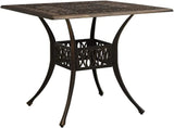 Bronze terrace table, made of cast aluminum, suitable for outdoor use, square design, stable and durable, with dimensions of 35.4 inches × 35.4 inches × 28.7 inches, equipped with umbrella holes, requires assembly.