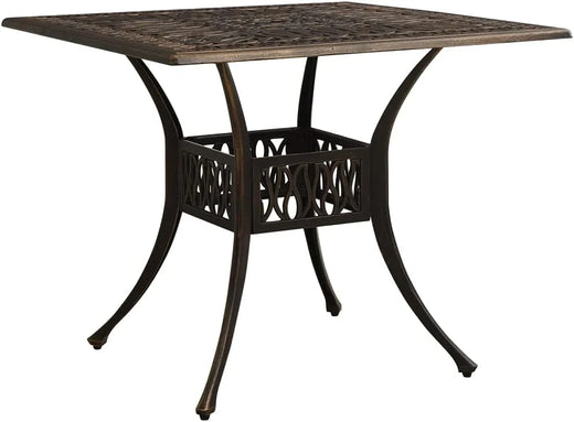 Bronze terrace table, made of cast aluminum, suitable for outdoor use, square design, stable and durable, with dimensions of 35.4 inches × 35.4 inches × 28.7 inches, equipped with umbrella holes, requires assembly.