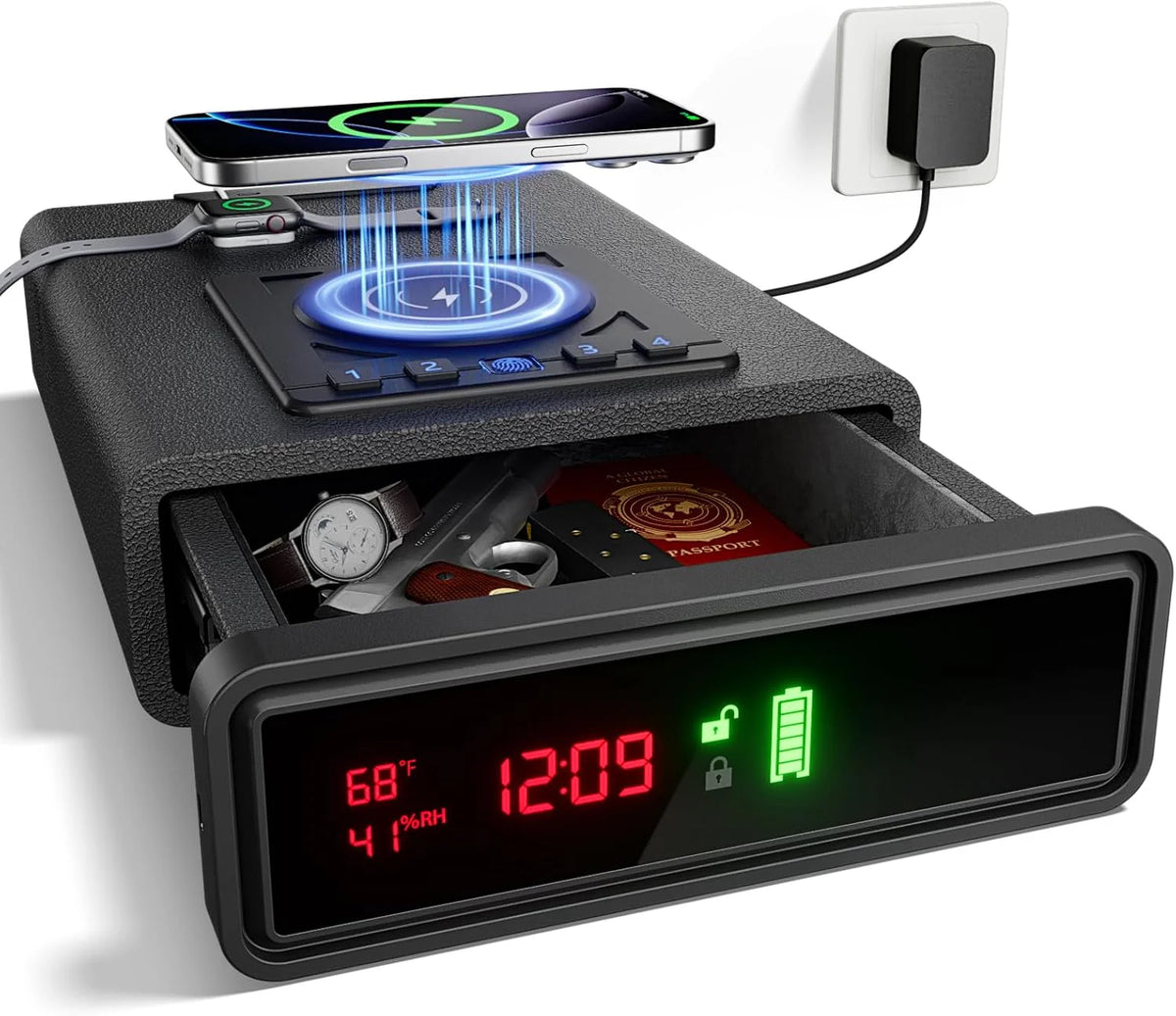 Smart Biometric Safe with Wireless Charging for Phone & Watch, 3 Access Methods to Unlock, Nightstand Drawer Safe LED Display with Humidity & Temperature Monitoring, Stopbox for Cash and Valuables