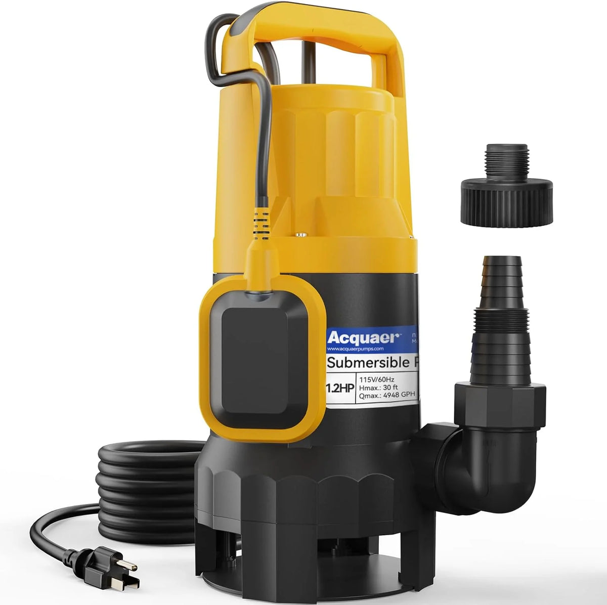 3/4HP Submersible Sewage Effluent Pump, Cast Iron, 115V 6400 GPH Automatic Tethered Float Switch, Sump Pump for Sump Basin, Basement, Residential Sewage, 2'' NPT Discharge