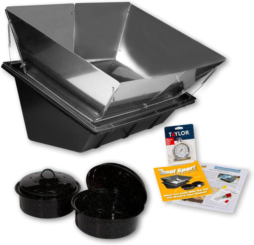 Dual Sport Solar Oven, Black, Portable Outdoor Cooking System with Reflectors, 27x17x12 Inch, 6.8 Qt Capacity, Includes 2 Pots, Thermometer, Wapi, Cookbook, and Instruction Manual