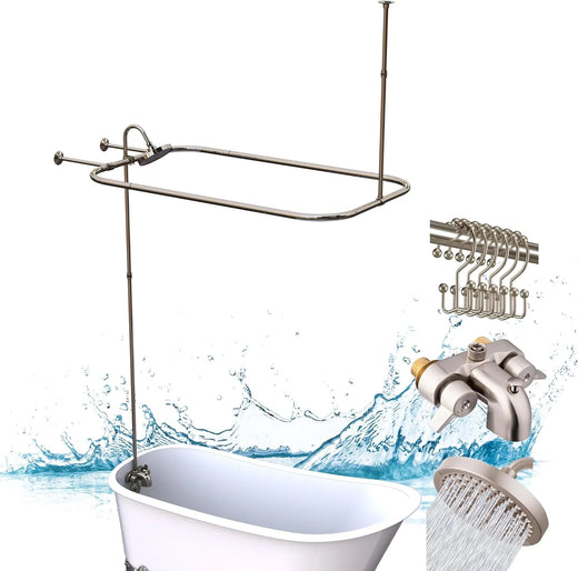 Clawfoot Tub Shower Kit, Add On Shower Units With Bathcock Diverter Faucet and 48" X 27“ Rectangular Claw foot Tub Shower Curtain Rod Kit,Claw foot Tub Shower Faucet Set,Brushed Nickel