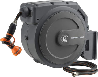Tool-extendable garden hose reel, inner diameter 1/2 inch, length 155 inches, equipped with 5-foot extension hose, sturdy and durable, lockable at any length, slow retraction system, wall-mounted design, 180-degree rotating bracket