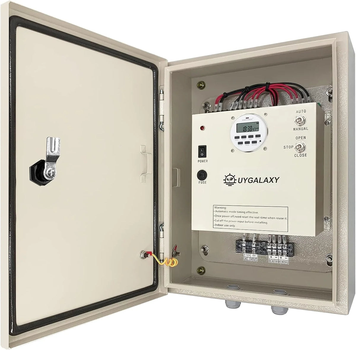 Electrically controlled timer for greenhouse roller shutters (for ventilation) uses an AC 110V to DC 24V transformer for timing control, enabling the opening or closing of the side top curtains of the greenhouse薄膜.