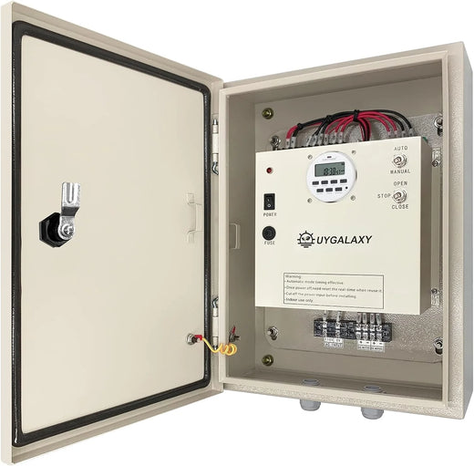 Electrically controlled timer for greenhouse roller shutters (for ventilation) uses an AC 110V to DC 24V transformer for timing control, enabling the opening or closing of the side top curtains of the greenhouse薄膜.