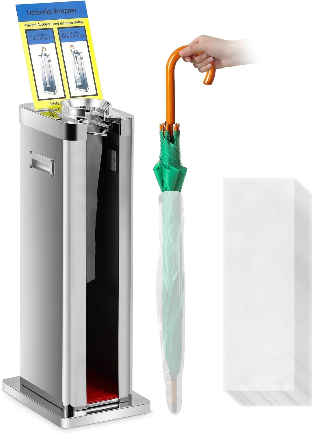 Automatic wet umbrella packaging machine, stainless steel single-slot umbrella bag distributor bracket, equipped with 1000 long umbrella bags and warning signs, suitable for commercial shopping centers, hotels, in silver color.