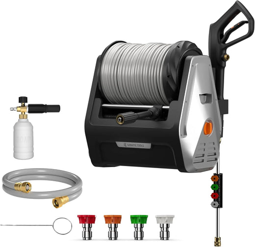 The wall-mounted high-pressure cleaning machine Plus is equipped with an upgraded 1800-watt motor, with a maximum pressure of 2900 pounds per square inch and an electric high-pressure cleaning machine that discharges 2.2 gallons per minute. It is equ