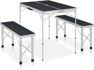 Folding Camping Table with 2 Benches Aluminium Grey,Item colourGrey and Silver