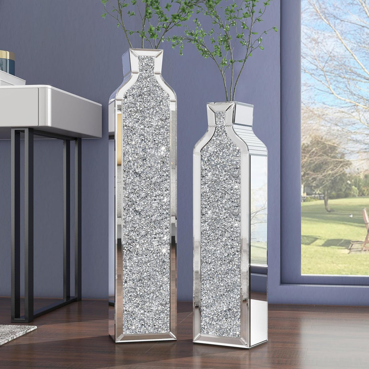 Floor vase crushing diamond reflective vase - Silver floor-style vase set (2-piece) - 24-inch and 30-inch large crystal goblet vases, suitable for living rooms, dining rooms, bedrooms, home corners, corridors, indoor offices and floors.