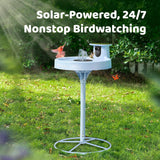 Smart Bird Bath, equipped with a camera, solar power supply, fountain and stand. It features a dual-lens camera for bird observation, automatically captures bird videos and has motion detection functionality. image 2