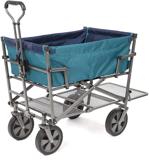 A foldable double-layer outdoor multi-functional truck, equipped with a long lower shelf, in blue-green color.
