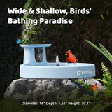 Smart Bird Bath, equipped with a camera, solar power supply, fountain and stand. It features a dual-lens camera for bird observation, automatically captures bird videos and has motion detection functionality. image 4