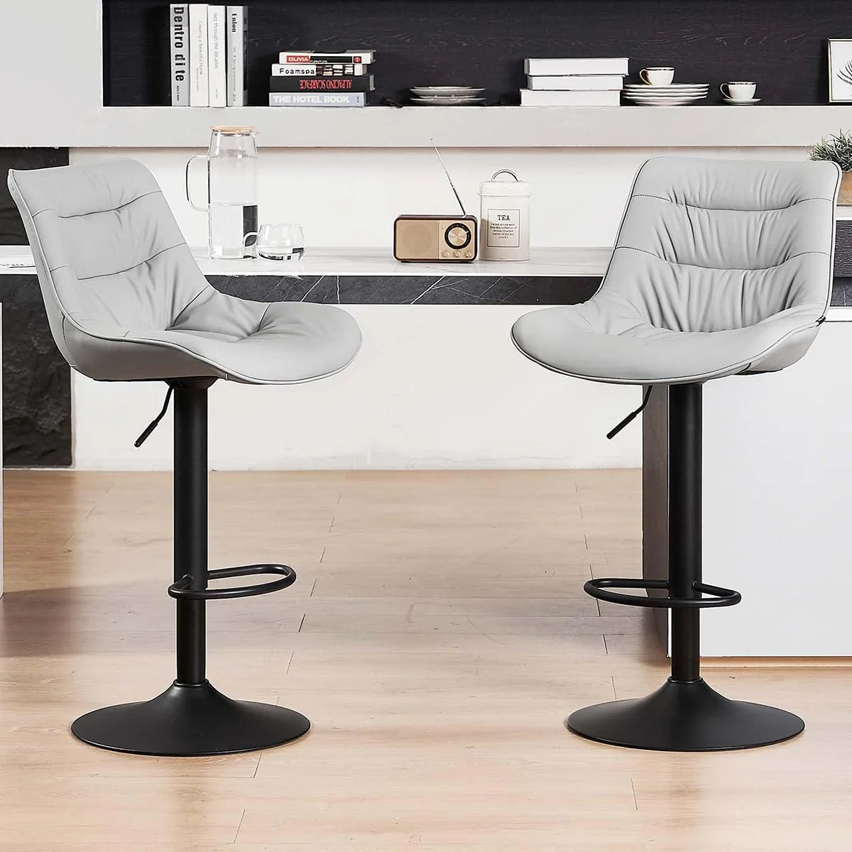 Bar stool set (2-piece) Adjustable rotating style, black color, covered with PU leather and equipped with a backrest, suitable for medium-height stools used in kitchen island or home bar.