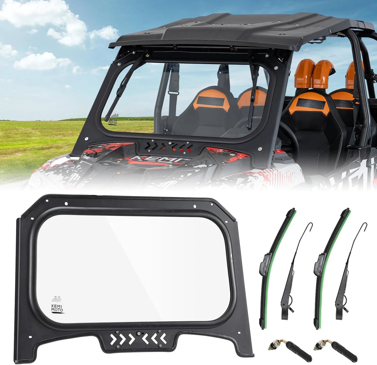 The glass windshield is equipped with 2 manual windshield wipers. It is scratch-resistant and wear-resistant. It is compatible with the 2019 - 2023 models of Arctic Cat RZR XP 1000 / RZR XP super sports vehicles. The front windshield has a ventilatio