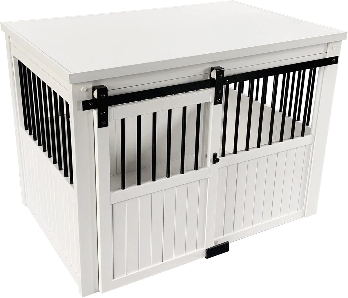 Farm sliding cowshed door furniture-style dog cage - antique white, large size. Unique style, durable and sturdy. Removable seat cushion. Easy to assemble.