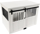 Farm sliding cowshed door furniture-style dog cage - antique white, large size. Unique style, durable and sturdy. Removable seat cushion. Easy to assemble.