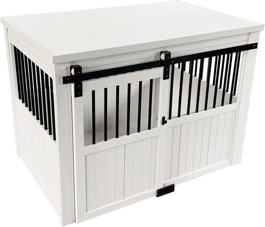 Farm sliding cowshed door furniture-style dog cage - antique white, large size. Unique style, durable and sturdy. Removable seat cushion. Easy to assemble.