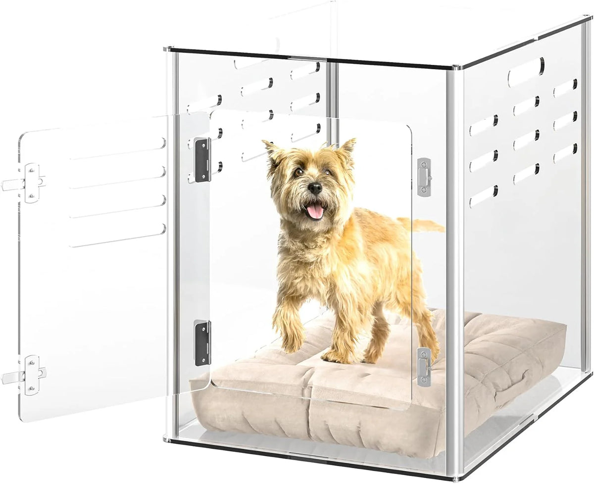 Acrylic dog cage - Clear and transparent dog house - Indoor lockable - High-intensity ventilation dog house - Suitable for small to medium-sized dogs (weighing no more than 45 pounds) - Fashionable transparent dog house cage, 30 inches long, 20 inche