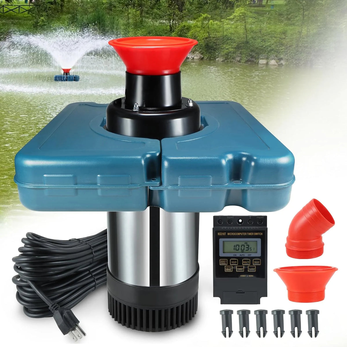 Pool fountain aerator, F2-2 type, 1 horsepower, 750 watts, 110 volts, stainless steel floating fountain, equipped with 100 feet power cord, suitable for fountain waterfalls pumps and hydraulic systems in small and large ponds and lakes.