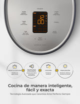 Electric rice cooker with 6-cup capacity (uncooked) / 12-cup capacity (cooked), modern fuzzy logic control, featuring timer function and insulation setting, compact model, multi-functional steamer, non-stick inner liner, gray exterior. image 2