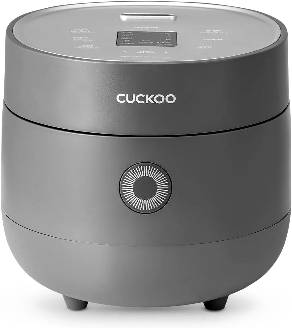Electric rice cooker with 6-cup capacity (uncooked) / 12-cup capacity (cooked), modern fuzzy logic control, featuring timer function and insulation setting, compact model, multi-functional steamer, non-stick inner liner, gray exterior.