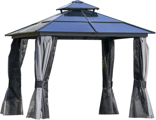 10 feet x 12 feet hard-top awning canopy, polycarbonate roof, aluminum frame, permanent outdoor awning, with net cover, suitable for patios, gardens, backyards, terraces, lawns, grasslands, light gray.