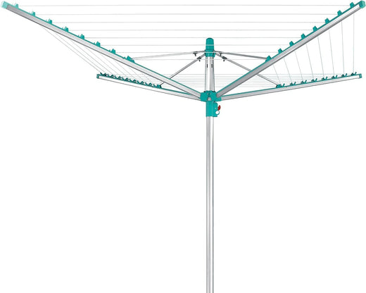 Simple drying machine, extendable by 50 meters to maintain cleanliness, made of fully rust-free aluminum material, with a shaft diameter of 3.28 meters and a maximum length of 2.03 meters. It has a pull-out rotating clothes drying rack, emerald green