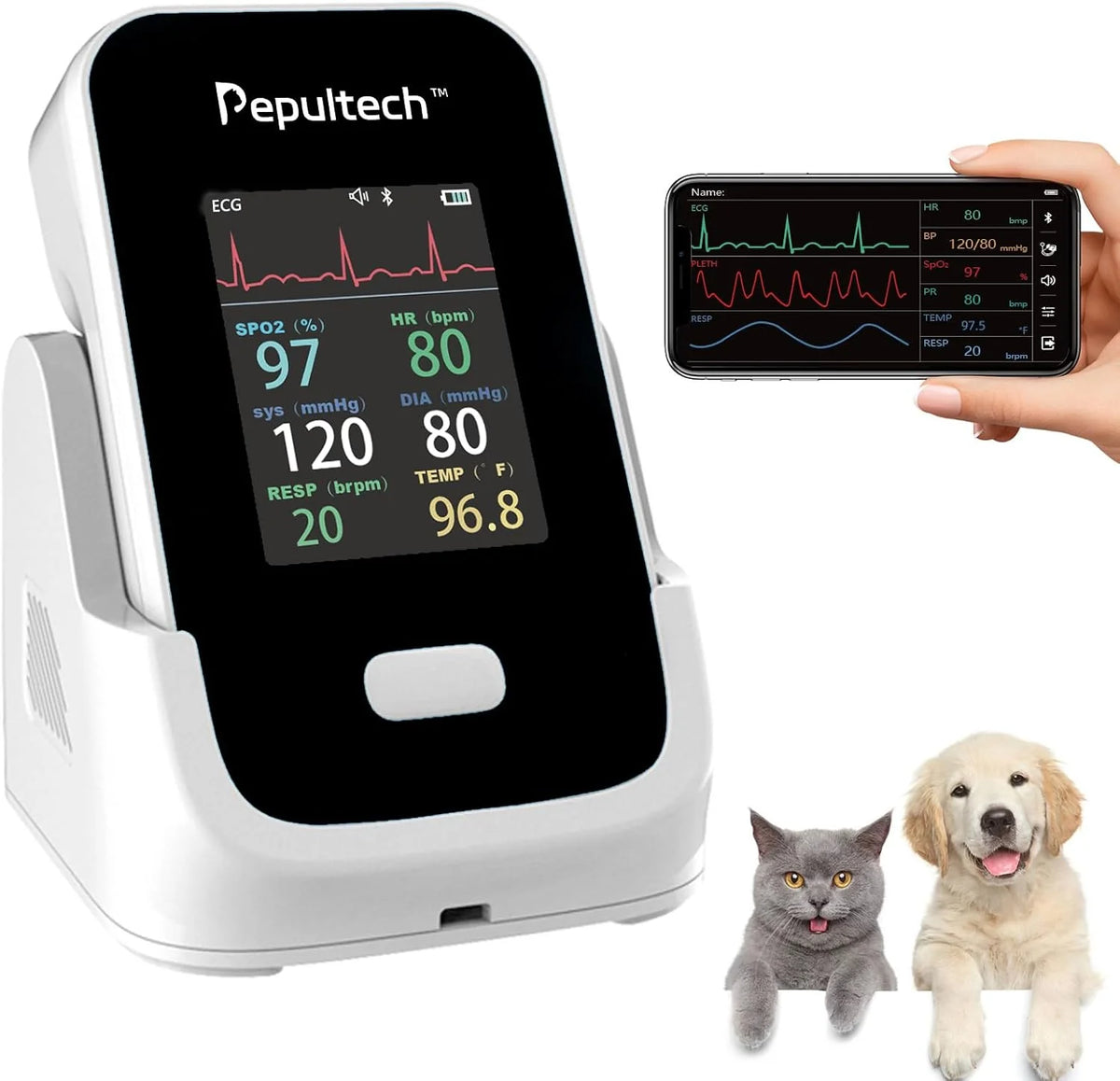 6 Parameters Veterinary Vital Signs Monitor,Bluetooth Veterinary Pulse Oximeter for Dogs, Rechargeable Blood Pressure Monitor for Pets,Oxygen Spo2 Monitoring Tools for Family Clinic Use
