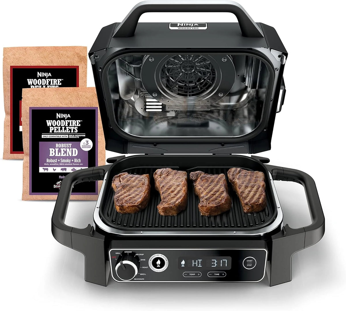 7-in-1 Multi-functional (Barbecue, Slow Roast, Bake, Air Fry, Dehydration, Grill, Smoking) | Portable and highly weather-resistant | Capable of cooking up to 6 steaks and 30 hot dogs | Includes wood pellet fuel