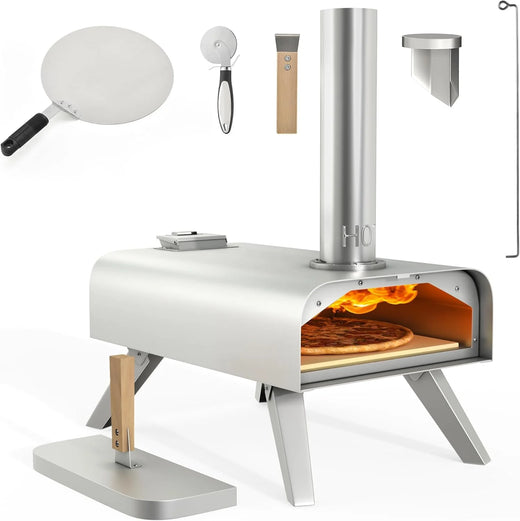 Wood-fired outdoor pizza oven, 12-inch portable pellet pizza oven, equipped with pizza tongs and pizza cutter, stainless steel silver pizza maker suitable for outdoor kitchen cooking