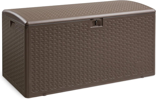 Outdoor patio storage box - 150 gallons. Loft box, waterproof and highly resistant to weather, suitable for furniture cushions and gardening tools, brown color scheme.