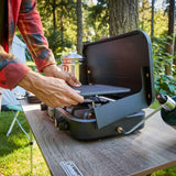 The 1900 series three-in-one propane camping stove, featuring a cast iron grill and frying pan accessories, has a power output of 24000 watts. It is equipped with an adjustable flame cover and excellent lighting device, and comes with two adjustable image 2