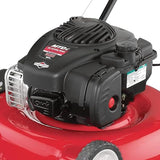 20-inch steel cutting deck, side-discharge gasoline-powered push lawn mower, with engine oil, available in red and black, suitable for outdoor yards. image 3