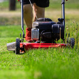 20-inch steel cutting deck, side-discharge gasoline-powered push lawn mower, with engine oil, available in red and black, suitable for outdoor yards. image 2