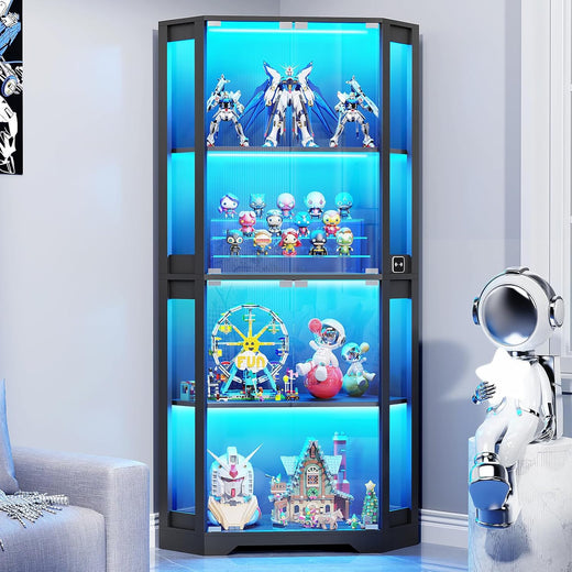 Corner Display Cabinet with Glass Doors, 65" Lighted Curio Cabinet with 3 Color Lights for Collectibles, 4-Tier Display Case Bookcase with Human Body Sensor for Toys, Books, Trophy, Black