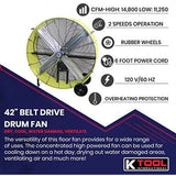 K Tool International 42′′ Belt Drive Drum Fan; Industrial, Garage, Shop, High Speed 2-Speed, Durable, Cut-Off Protection, Easy Mobility Rubber Wheels; SAFETY YELLOW KTI77743 image 3